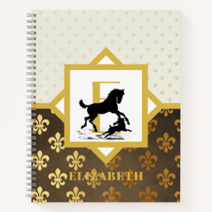 Elegantes Monogramm Pferd Hund Gold Bronze Fleurde Notizbuch