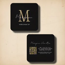 Elegantes Monogramm QR Schwarz Gold Quadratische Visitenkarte