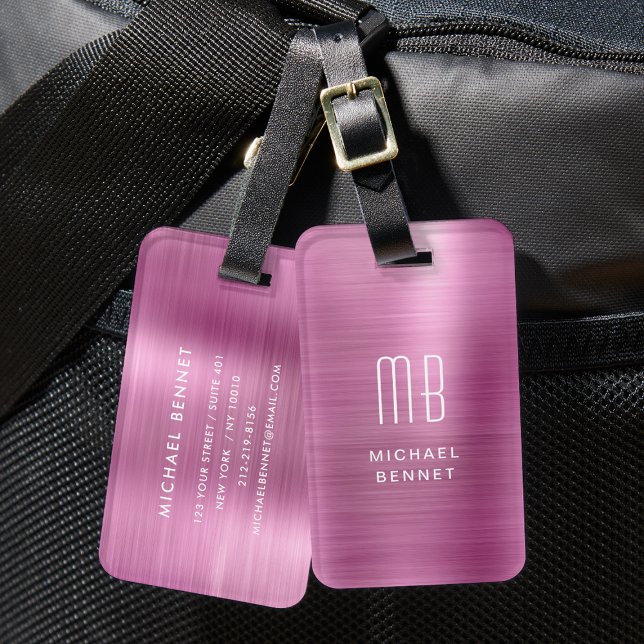 Elegantes Monogramm rosa gebürstetes Metall Gepäckanhänger (Elegant Monogram Pink Brushed Metal Luggage Tag)