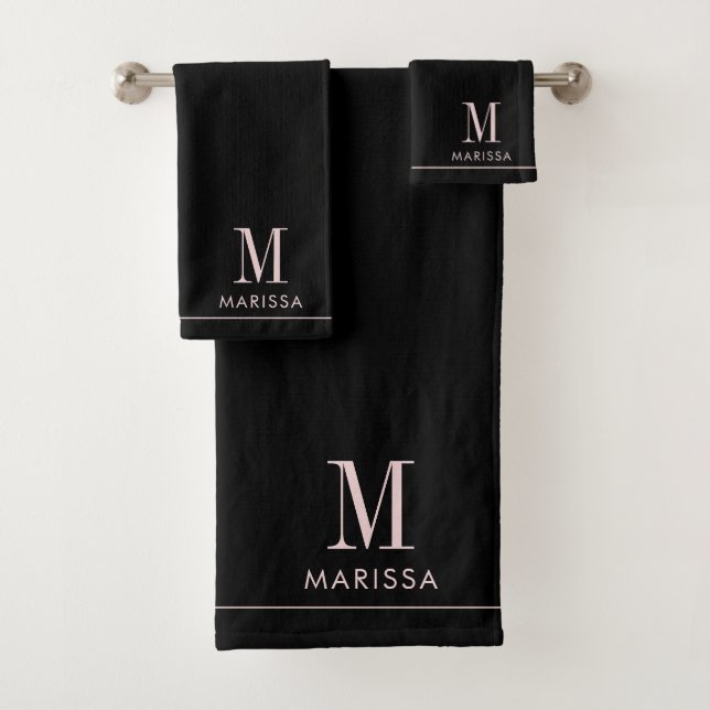 Elegantes Monogramm Rosa Rosa Name Schwarz Badhandtuch Set (Insitu)
