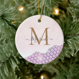 Elegantes Monogramm Rosafarben Glitter Keramik Ornament