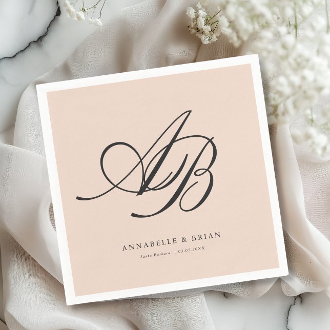 Elegantes Monogramm  Rosé-Hochzeit  Serviette (Elegant Monogram Blush-Peach Wedding Napkins)