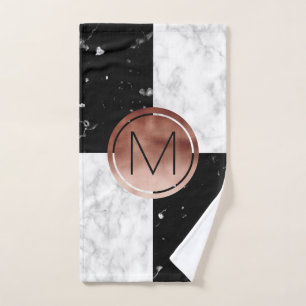 Elegantes Monogramm-Rosen-GoldSchwarz-weißer Badhandtuch Set