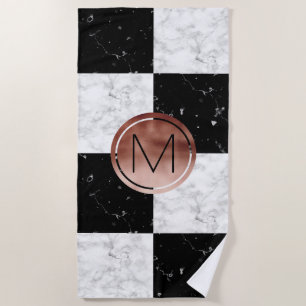 Elegantes Monogramm-Rosen-GoldSchwarz-weißer Strandtuch