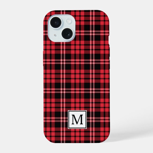 Elegantes Monogramm rotes Karo iPhone 15 Hülle (Rückseite)