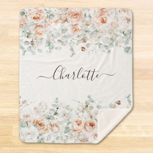 Elegantes Monogramm Rustikale Rosen Florale Grünpf Sherpadecke