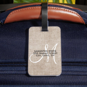 Elegantes Monogramm Rustikales Beige Leinen Gepäckanhänger