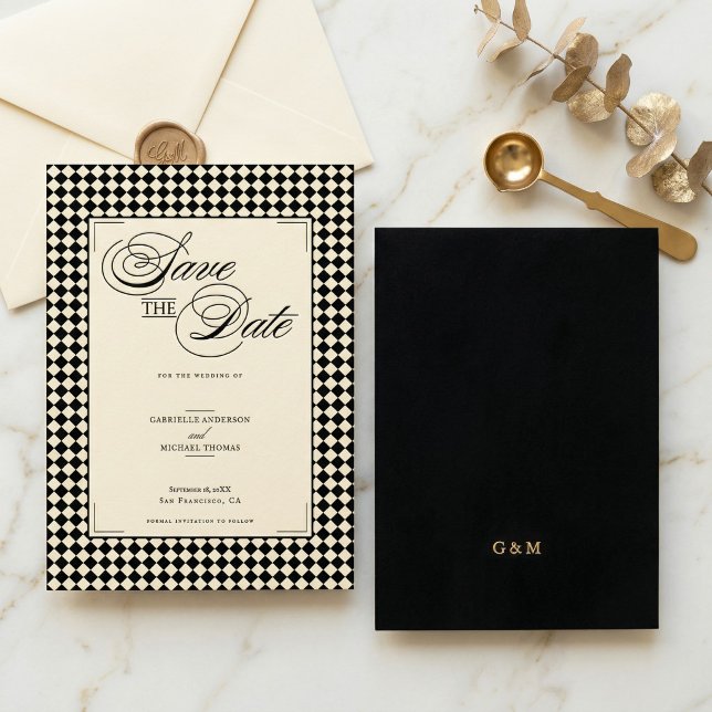 Elegantes Monogramm Schwarz Creme Karomuster Save The Date (Von Creator hochgeladen)