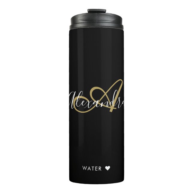 Elegantes Monogramm Schwarz Gold Chic Schrift Name Thermosbecher (Vorderseite)