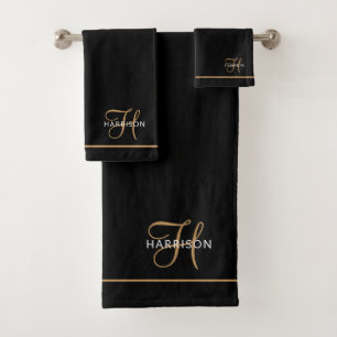 Elegantes Monogramm Schwarz Gold Schrift Name  Badhandtuch Set