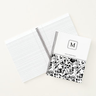 Elegantes Monogramm Schwarz Weiß Blumenmuster Notizbuch