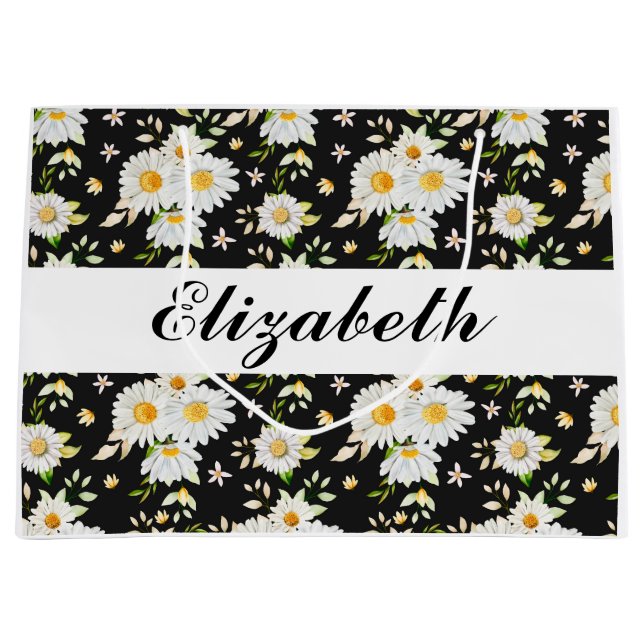 Elegantes Monogramm Schwarz-Weiß-Daisy-Muster Große Geschenktüte (Vorderseite)