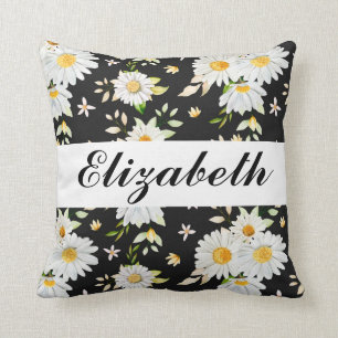 Elegantes Monogramm Schwarz-Weiß-Daisy-Muster Kissen
