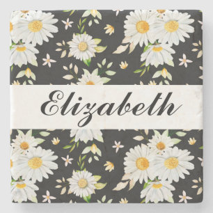 Elegantes Monogramm Schwarz-Weiß-Daisy-Muster Steinuntersetzer