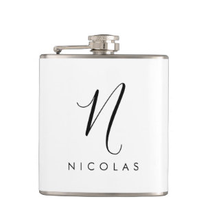 Elegantes Monogramm Schwarz/Weiß Flachmann