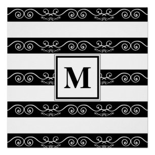 Elegantes Monogramm Schwarz-weiß gestreiftes Desig Poster
