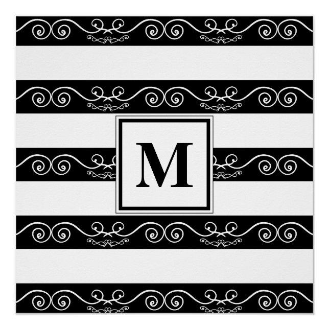 Elegantes Monogramm Schwarz-weiß gestreiftes Desig Poster (Vorderseite)