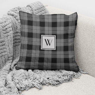 Elegantes Monogramm Schwarz-Weiß-Karo Kissen