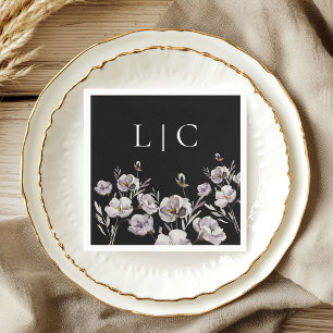 Elegantes Monogramm schwarze Aquarellblume Serviette