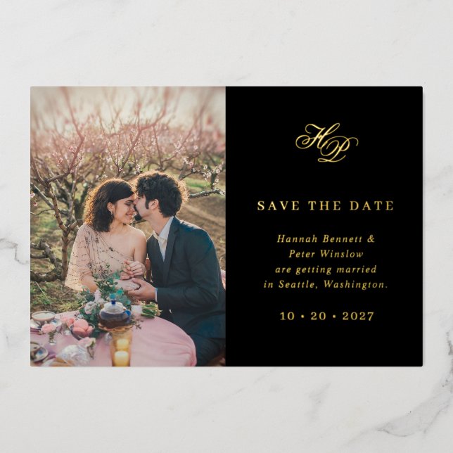 Elegantes Monogramm Schwarzes Foto Save the Date Folieneinladung (Vorderseite)