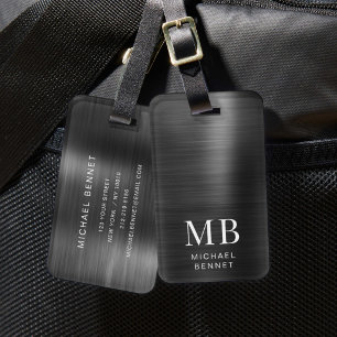 Elegantes Monogramm schwarzes metallisches Bürsten Gepäckanhänger