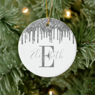 Elegantes Monogramm Silber Glitter-Tropfen Keramik Ornament