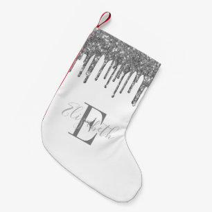 Elegantes Monogramm Silber Glittertropfen Weiß Kleiner Weihnachtsstrumpf