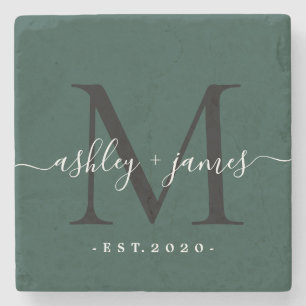 Elegantes Monogramm-Skript Name Hochzeitsdatum Dun Steinuntersetzer