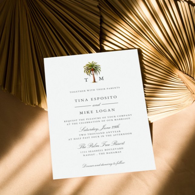 Elegantes Monogramm tropischer Palmen Einladung (Mongram Exotic Tropical Wedding invitation with Watercolor Palm Tree and Formal elegant lettering
)