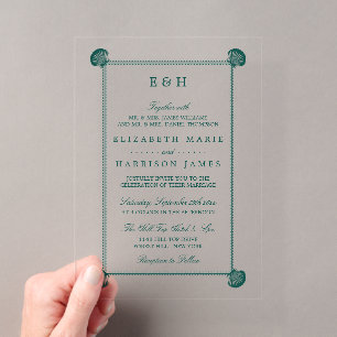 Elegantes Monogramm & Türkis Muschel Hochzeit am S Acryleinladungen