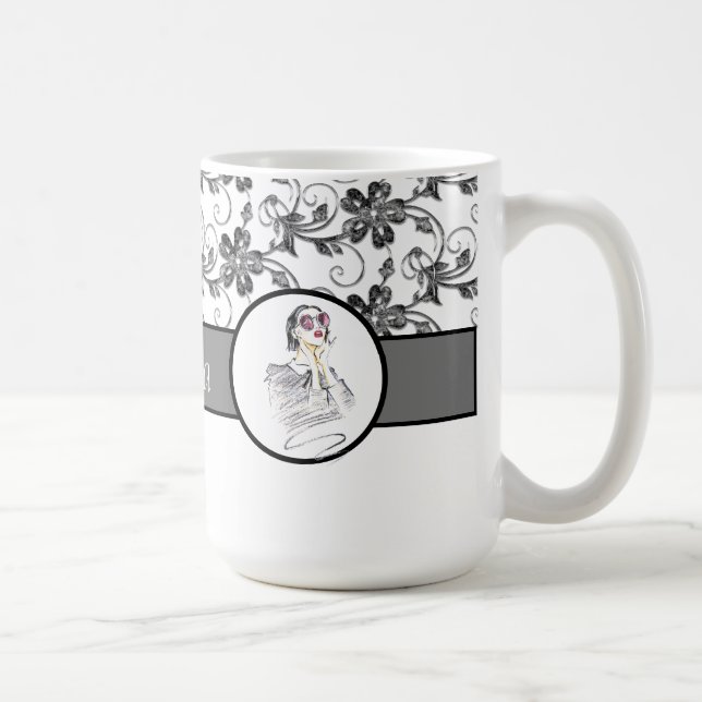 Elegantes Monogramm- und Blumenmuster Kaffeetasse (Rechts)