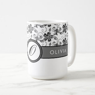 Elegantes Monogramm und Blumenmuster Schwarz Kaffeetasse