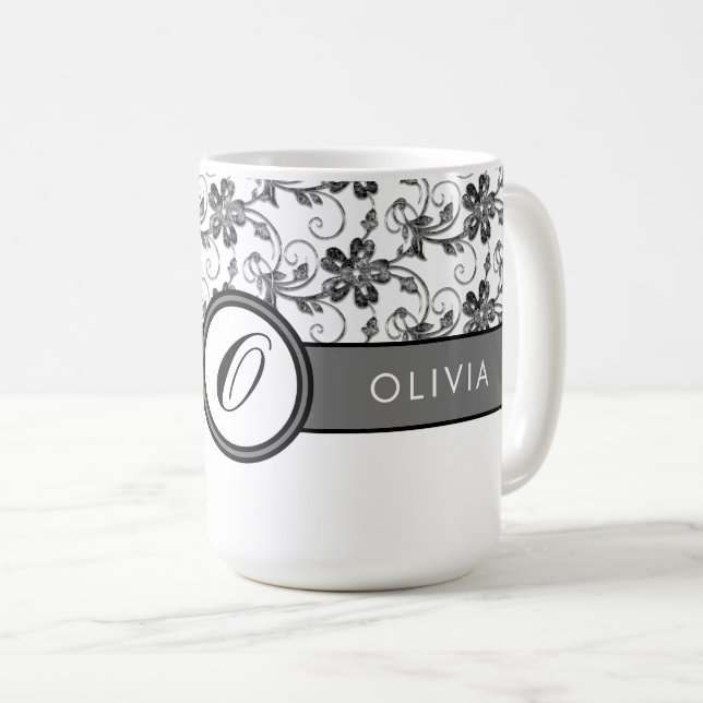 Elegantes Monogramm und Blumenmuster Schwarz Kaffeetasse (VorderseiteRechts)