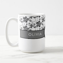 Elegantes Monogramm und Blumenmuster Schwarz Kaffeetasse