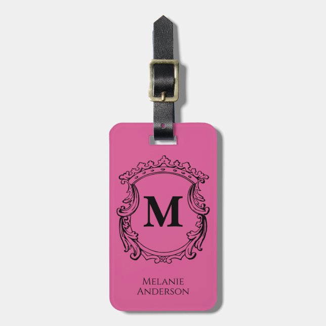 Elegantes Monogramm-Wappen in Rosa  Gepäckanhänger (Vorderseite vertikal)