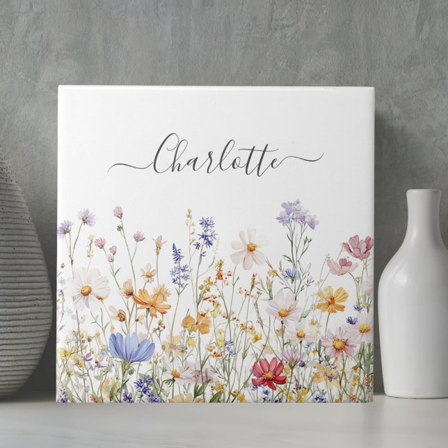 Elegantes Monogramm Wasserfarbe Bunte Wildblume Fliese (In situ)