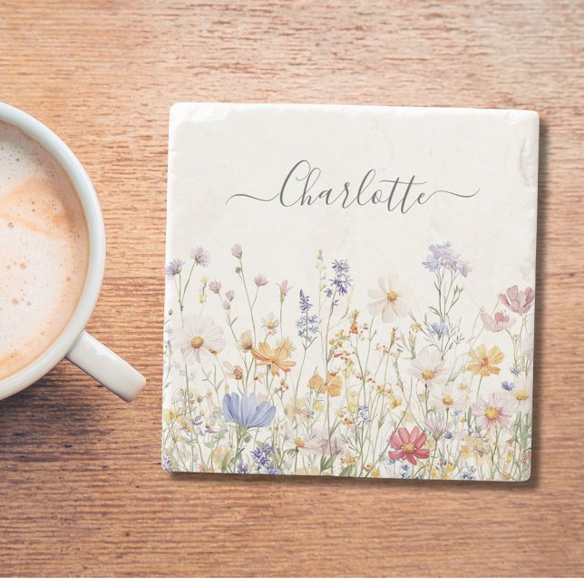 Elegantes Monogramm Wasserfarbe Bunte Wildblume Steinuntersetzer (In situ)