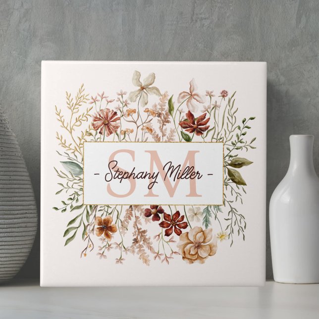 Elegantes Monogramm-Wasserfarben-Herbst-Wildblumen Fliese (In situ)