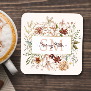 Elegantes Monogramm-Wasserfarben-Herbst-Wildblumen Getränkeuntersetzer