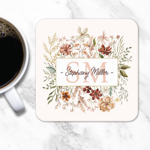 Elegantes Monogramm-Wasserfarben-Herbst-Wildblumen Rechteckiger Pappuntersetzer