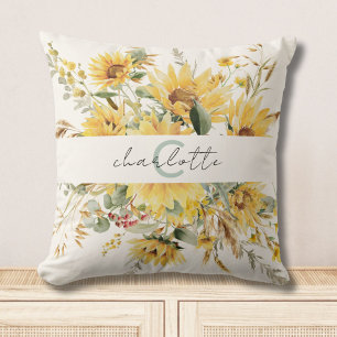 Elegantes Monogramm-Wasserfarben-Sonnenblumenbouqu Kissen