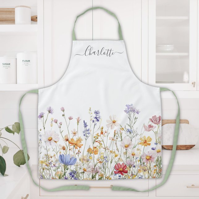 Elegantes Monogramm-Wasserfarben-Wildblume Schürze (In situ)