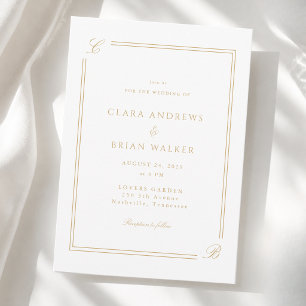 Elegantes Monogramm Weiß Beige Gold Rand Hochzeit Einladung