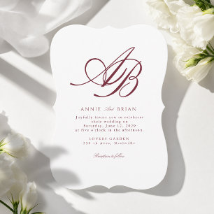Elegantes Monogramm Weiß Burgunder Hochzeit Einladung