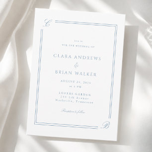 Elegantes Monogramm Weiße Blaue Umrandung Hochzeit Einladung