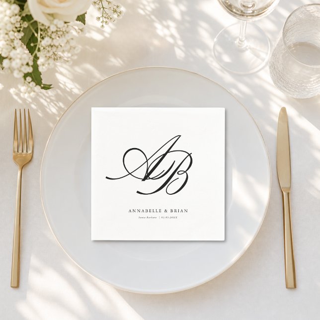 Elegantes Monogramm Weiße Hochzeit  Serviette (Elegant Monogram White Wedding Napkins)