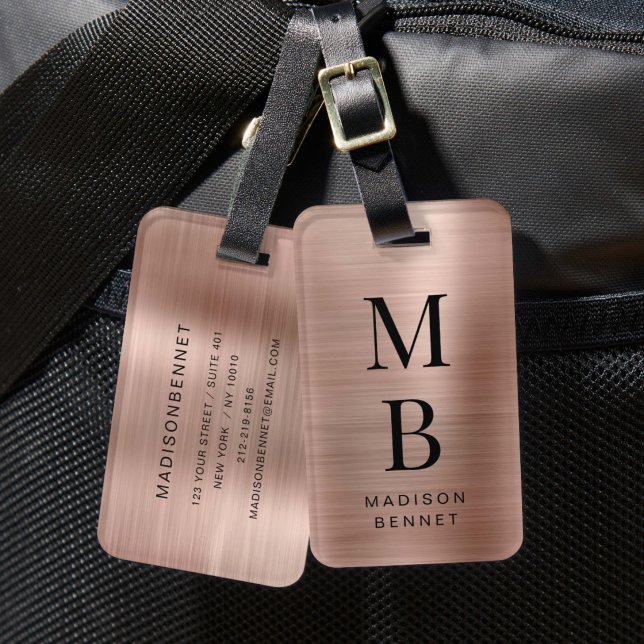 Elegantes monogrammiertes Rosenmetall mit Bürstenf Gepäckanhänger (Elegant Monogrammed Rose Gold Brushed Metallic Luggage Tag)
