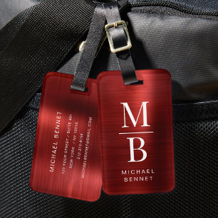 Elegantes monogrammiertes rotes gebürstetes Metall Gepäckanhänger