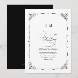 Elegantes monogrammiertes Schwarz-Weiß-Hochzeits-Q Einladung