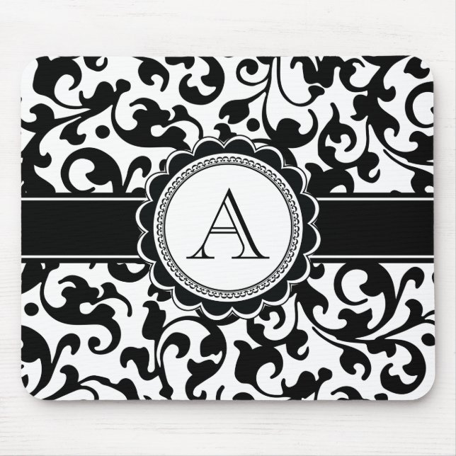 Elegantes monogrammiertes Scroll-Damaskus Schwarz  Mousepad (Vorne)